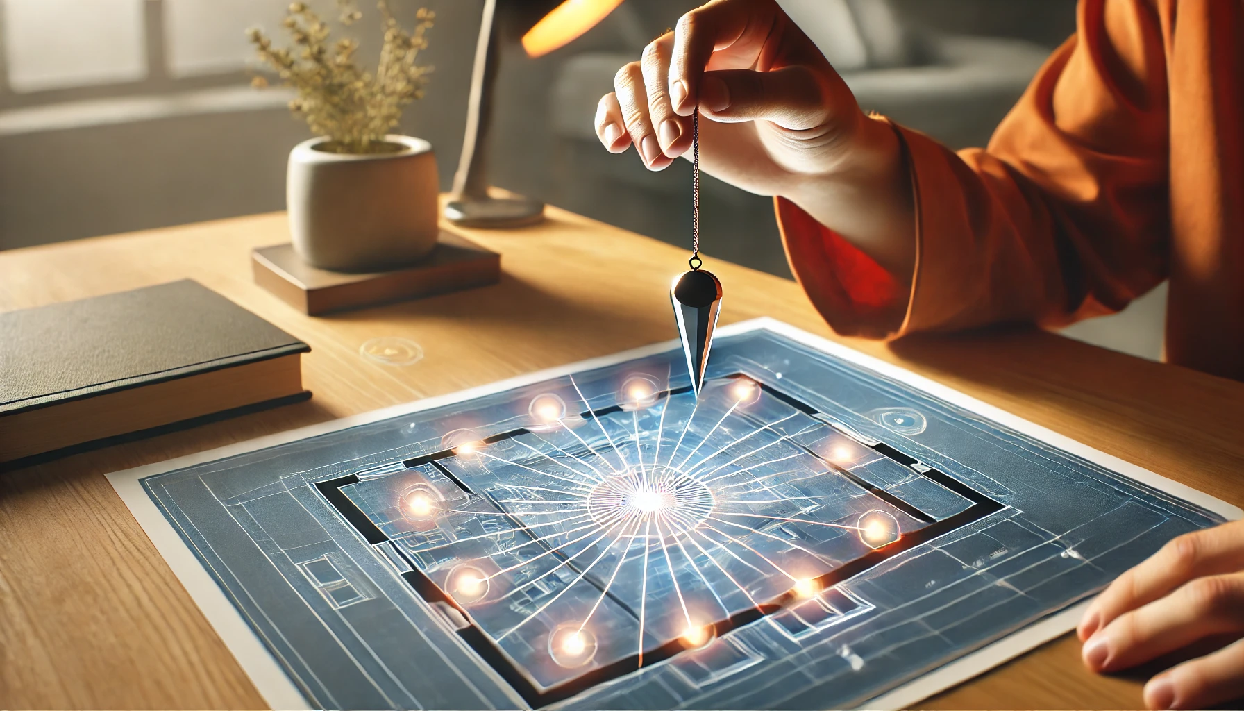DALL·E 2025-03-20 11.54.38 – A detailed scene showing a pendulum being used over a blueprint or floor plan to detect energy imbalances in a space. The image features a hand holdin